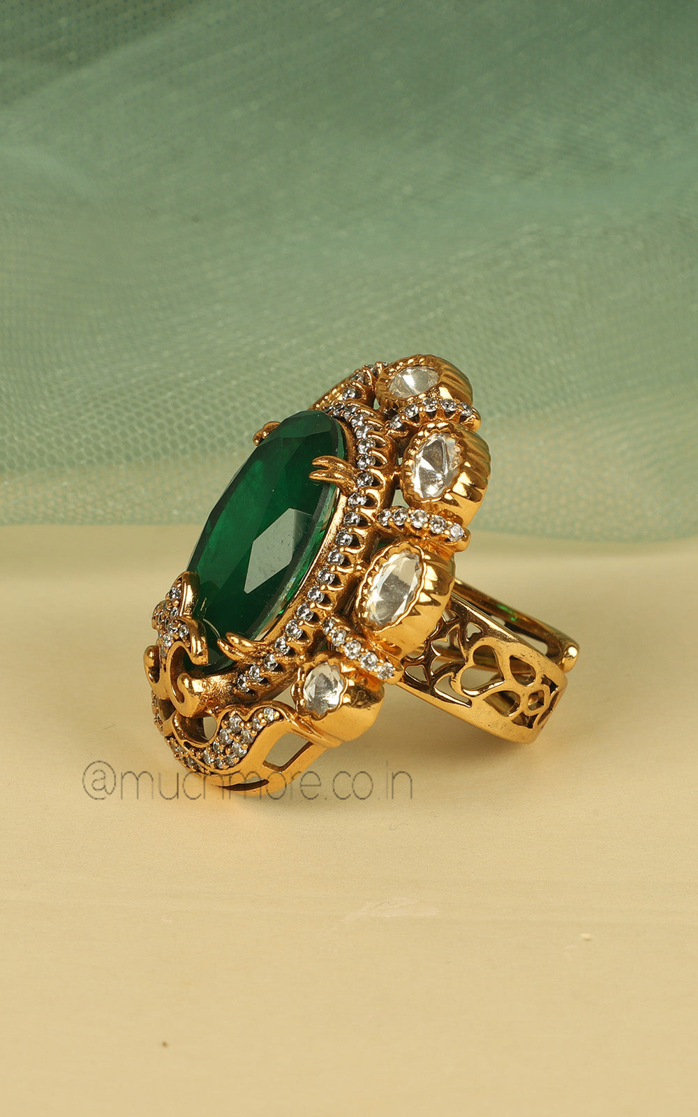 Oval Shaped Emerald Green Stone On Stone Kundan Gold Polish Ring