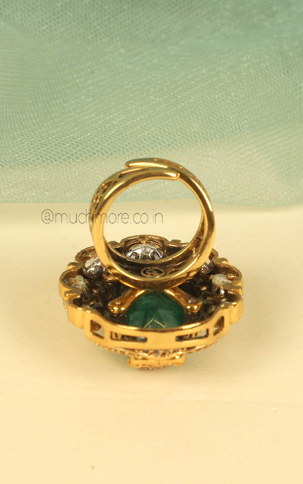 Oval Shaped Emerald Green Stone On Stone Kundan Gold Polish Ring