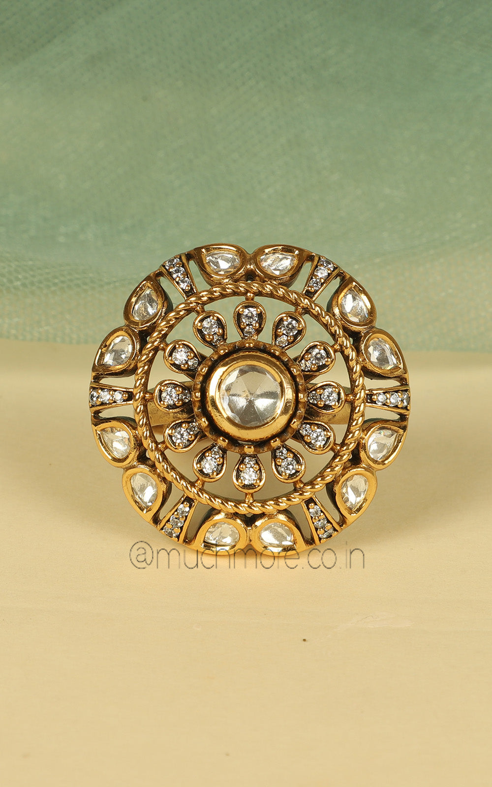 Circular Dull Gold Polish Kundan Cocktail Ring
