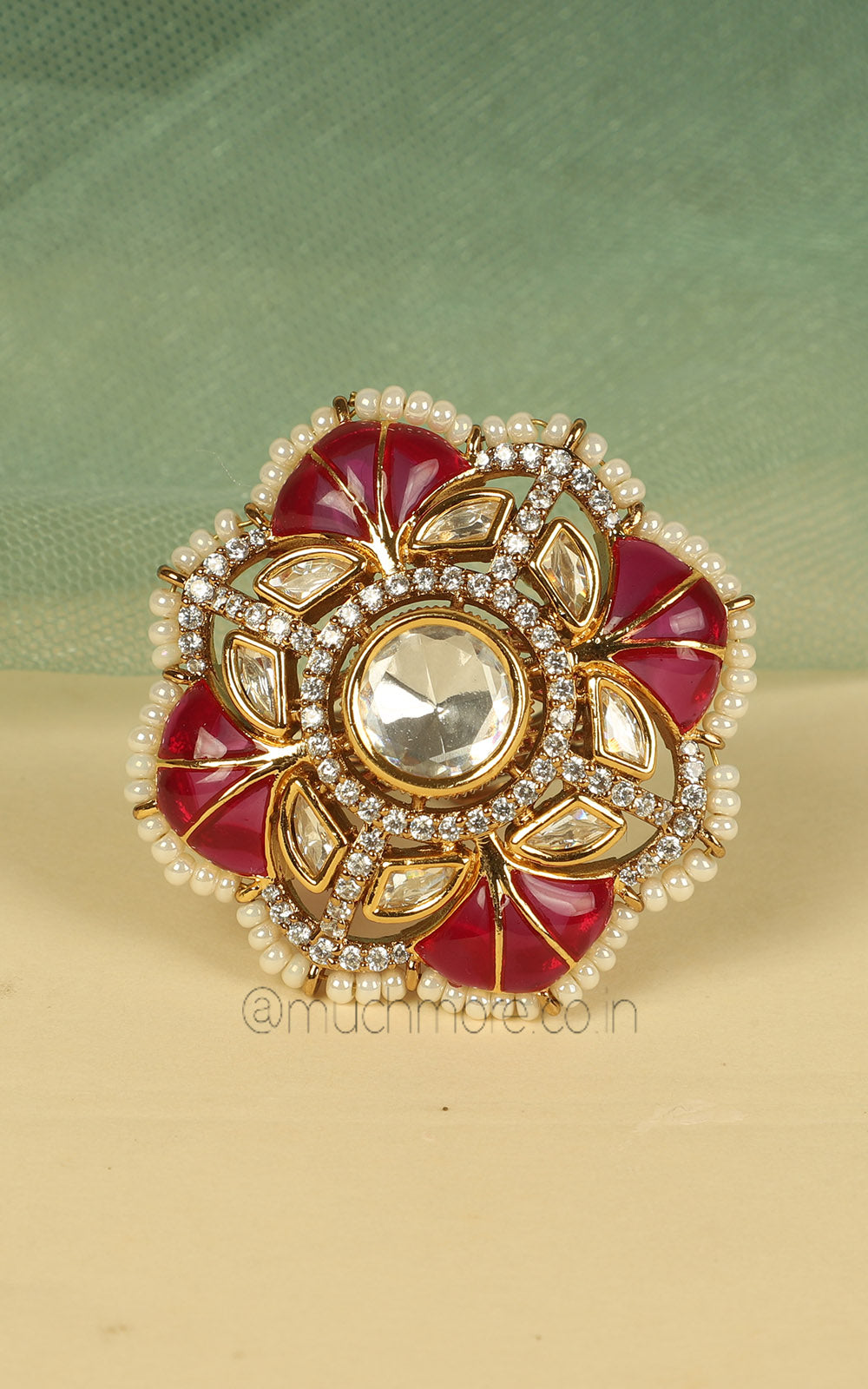 Latest Design Ruby Kundan Gold Polish Cocktail Ring With Pearls