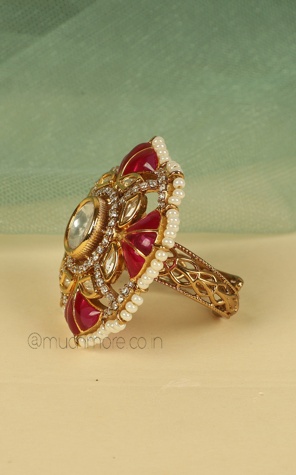 Latest Design Ruby Kundan Gold Polish Cocktail Ring With Pearls