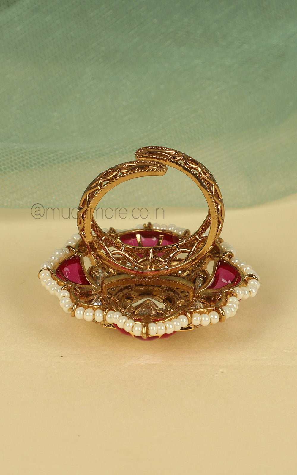 Latest Design Ruby Kundan Gold Polish Cocktail Ring With Pearls