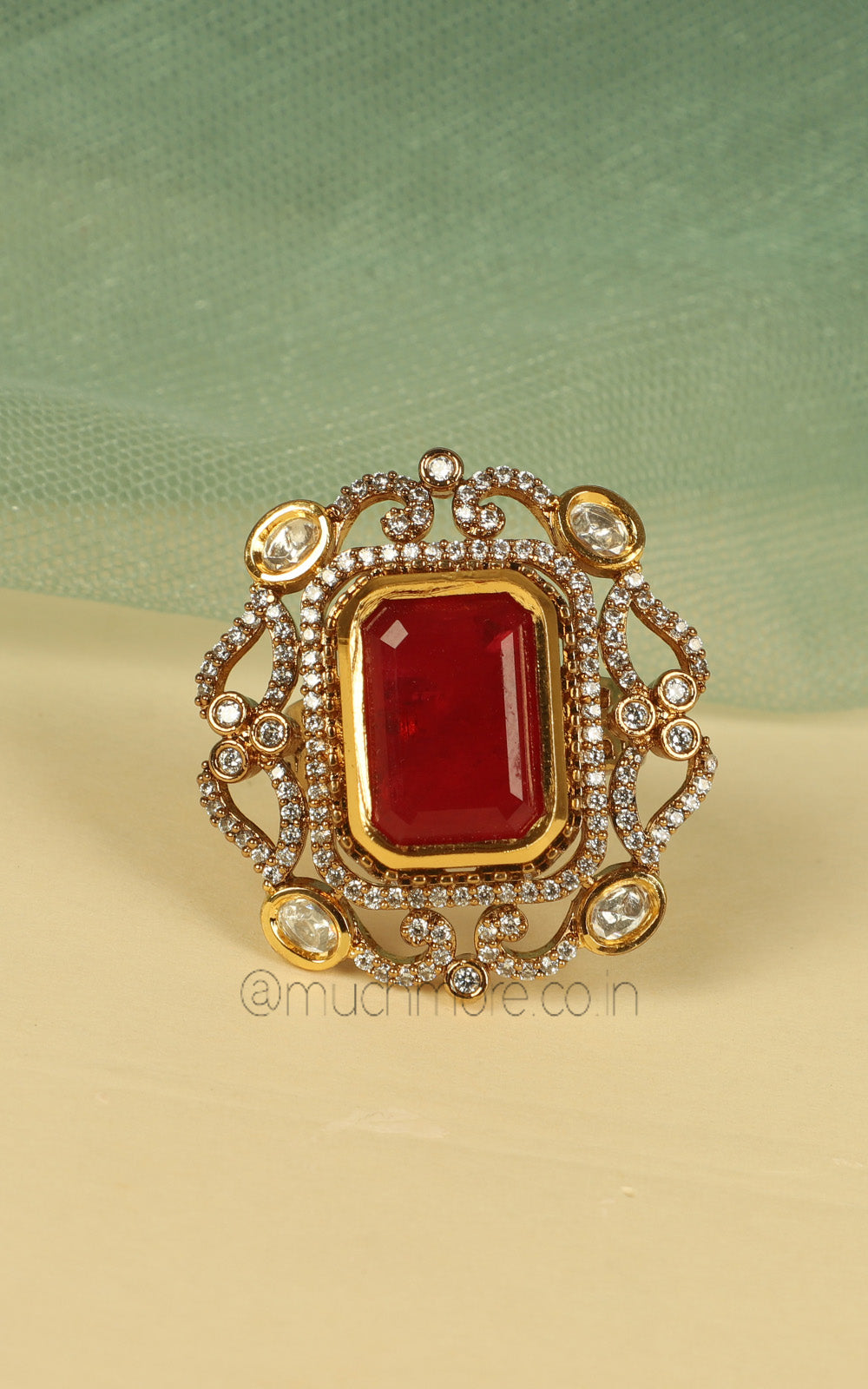 Diamond Ruby And Kundan Studded Gold Polish Cocktail Ring
