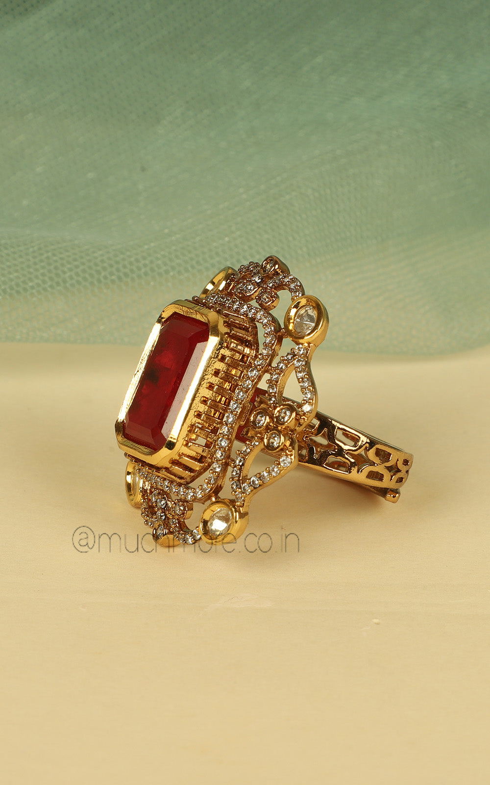 Diamond Ruby And Kundan Studded Gold Polish Cocktail Ring