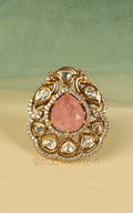 Peacock Cocktail Ring In Gold Polish With Kundan And Diamonds