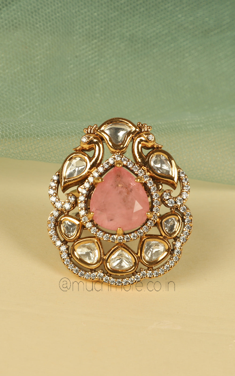 Peacock Cocktail Ring In Gold Polish With Kundan And Diamonds