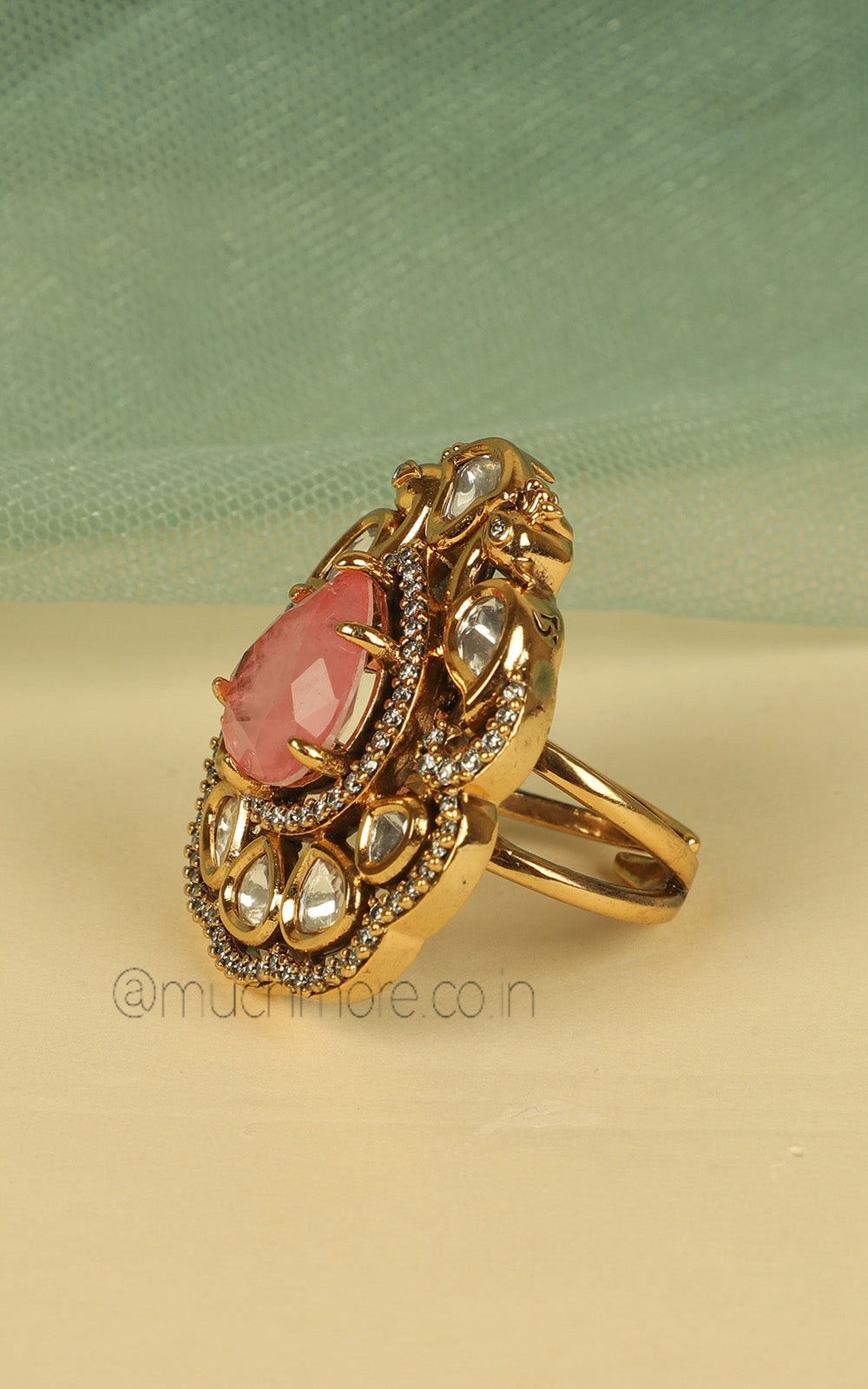 Peacock Cocktail Ring In Gold Polish With Kundan And Diamonds