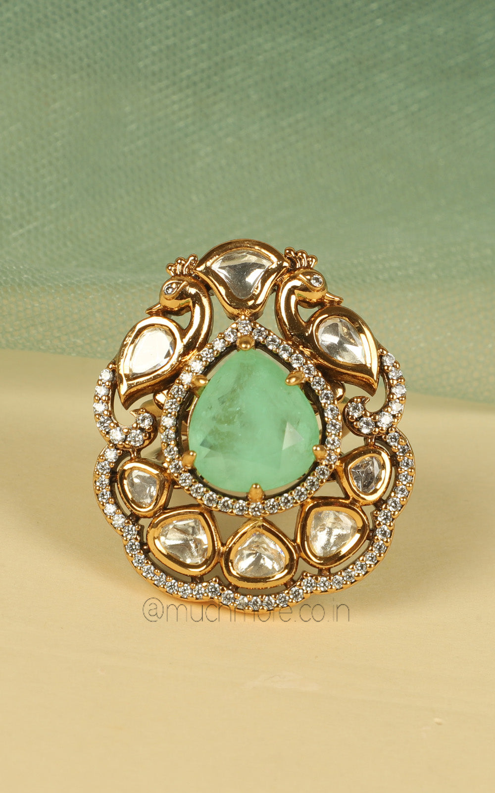 Mint Green Peacock Cocktail Ring In Gold Polish With Kundan