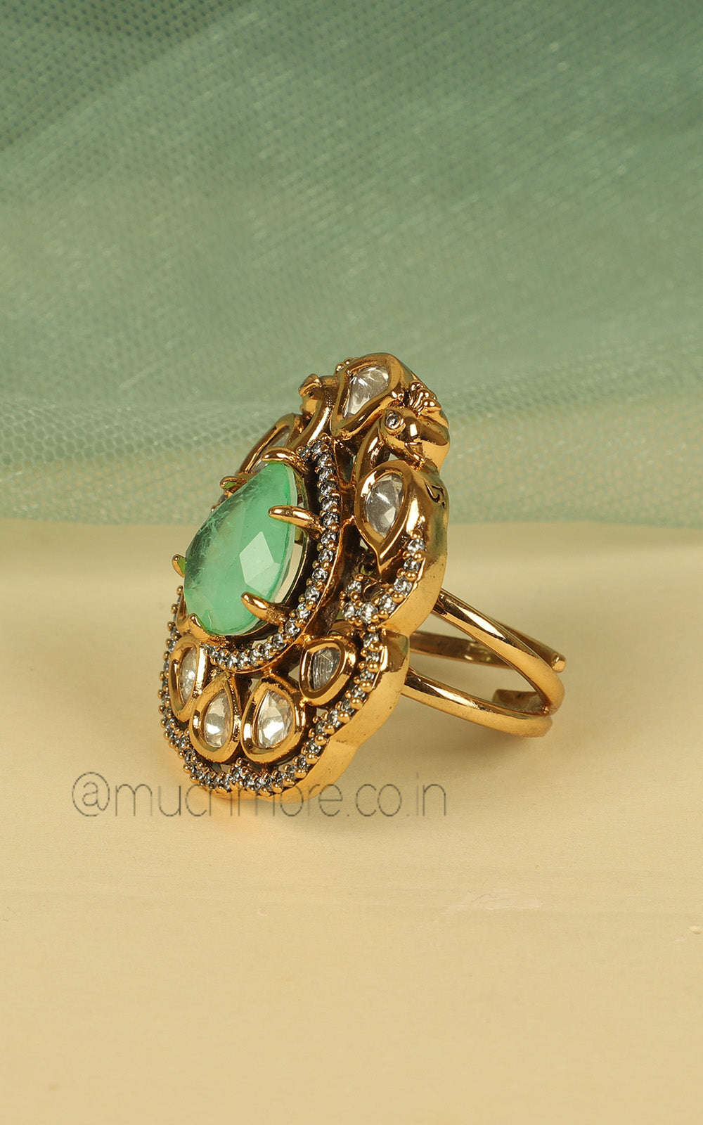 Mint Green Peacock Cocktail Ring In Gold Polish With Kundan