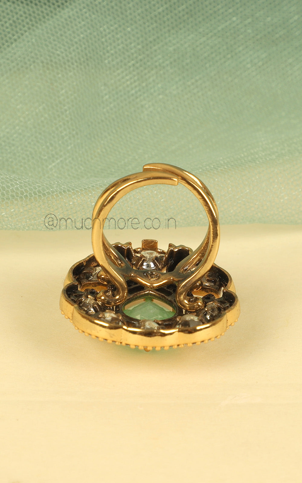 Mint Green Peacock Cocktail Ring In Gold Polish With Kundan