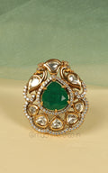 Emerald Green Peacock Cocktail Ring In Gold Polish With Kundan