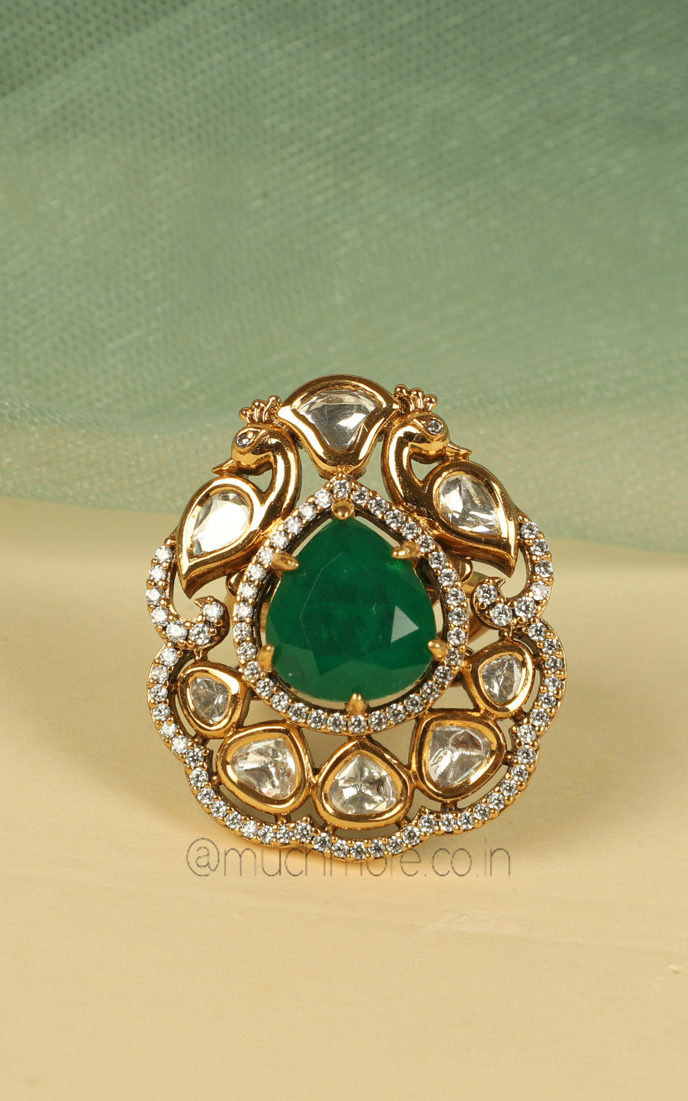 Emerald Green Peacock Cocktail Ring In Gold Polish With Kundan