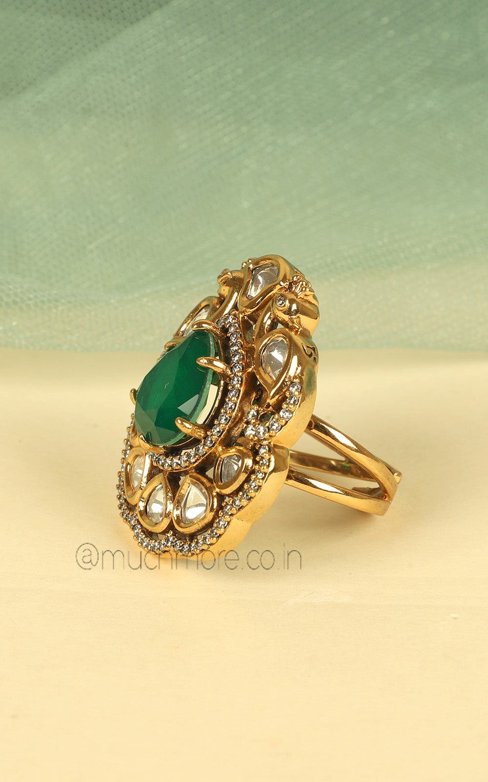 Emerald Green Peacock Cocktail Ring In Gold Polish With Kundan