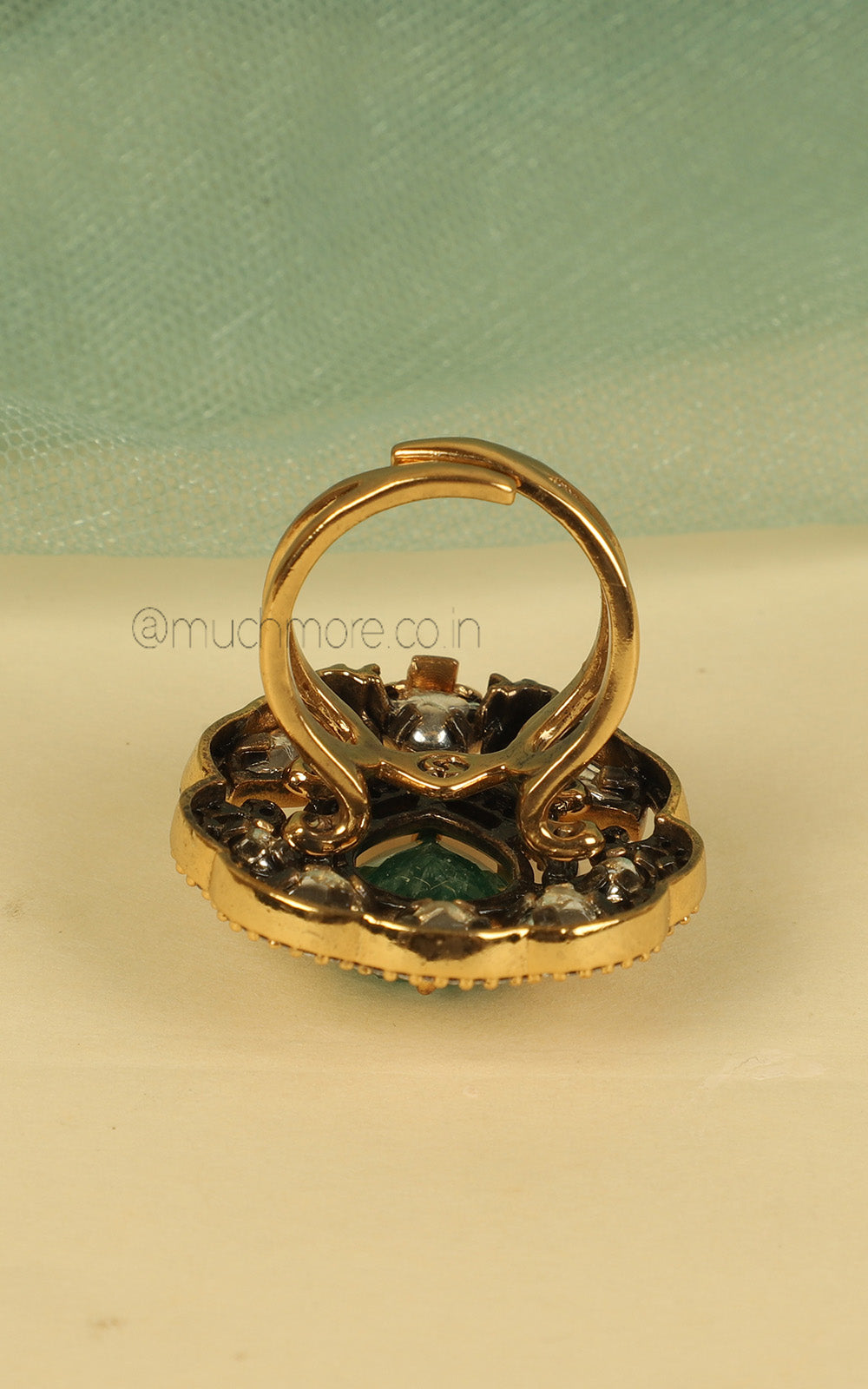 Emerald Green Peacock Cocktail Ring In Gold Polish With Kundan