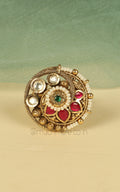 Gold Look Ruby Green Ring With Pearl Work For Women