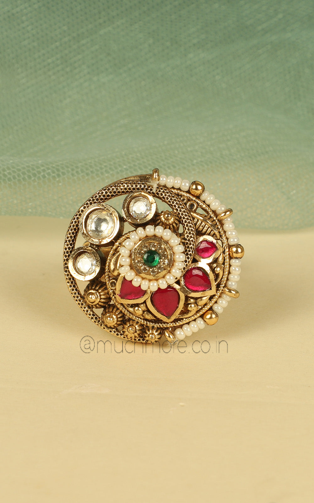 Gold Look Ruby Green Ring With Pearl Work For Women