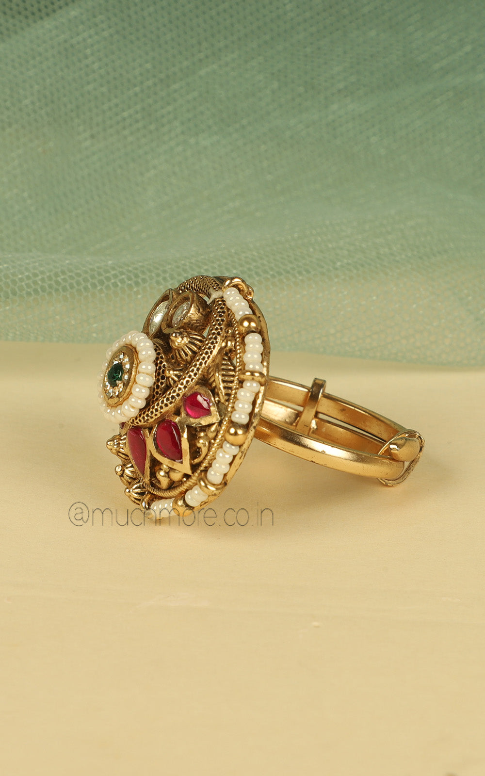 Gold Look Ruby Green Ring With Pearl Work For Women