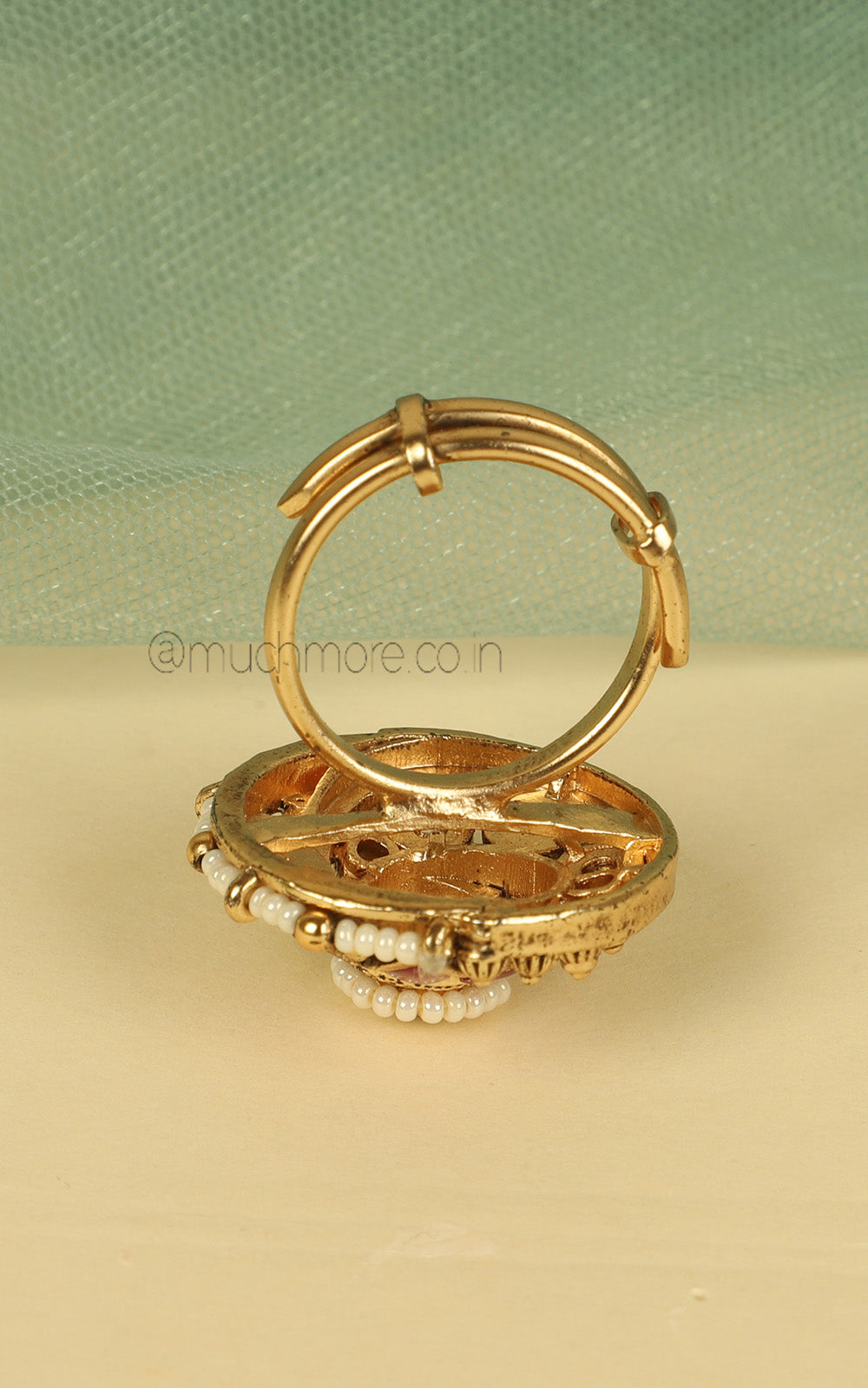 Gold Look Ruby Green Ring With Pearl Work For Women
