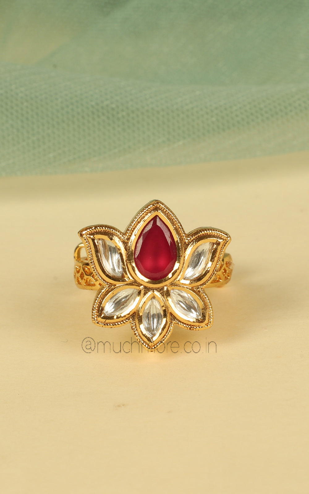 Ruby Lotus Kundan Flower Cute Small Ring For Women/ Men