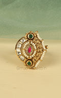 Gold Look Ruby Green With Pearl Adjustable Women Ring