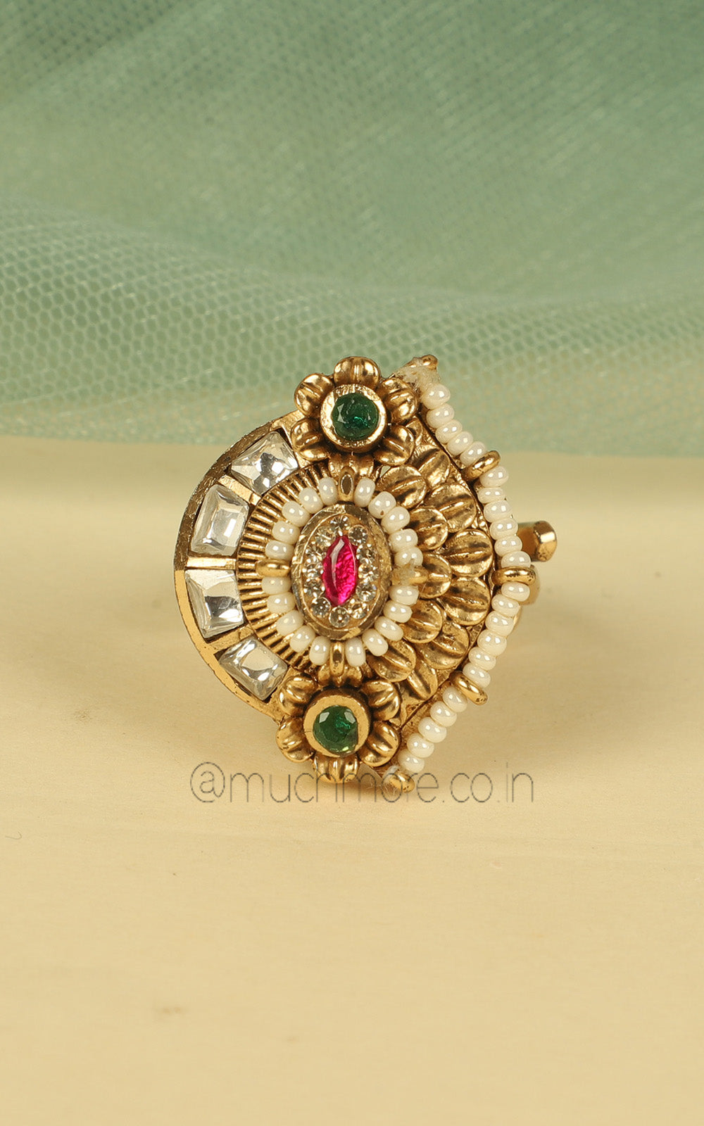 Gold Look Ruby Green With Pearl Adjustable Women Ring