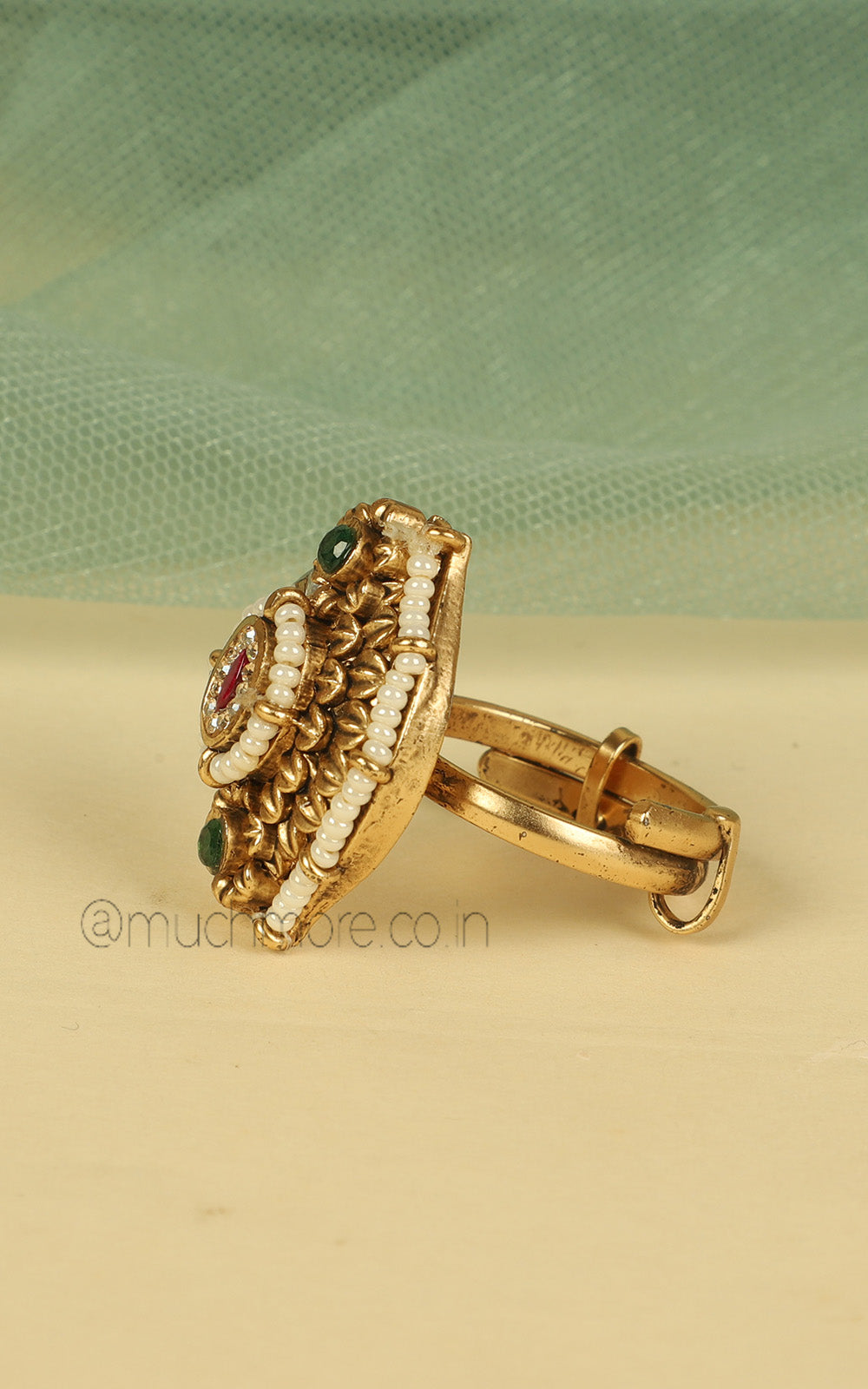 Gold Look Ruby Green With Pearl Adjustable Women Ring