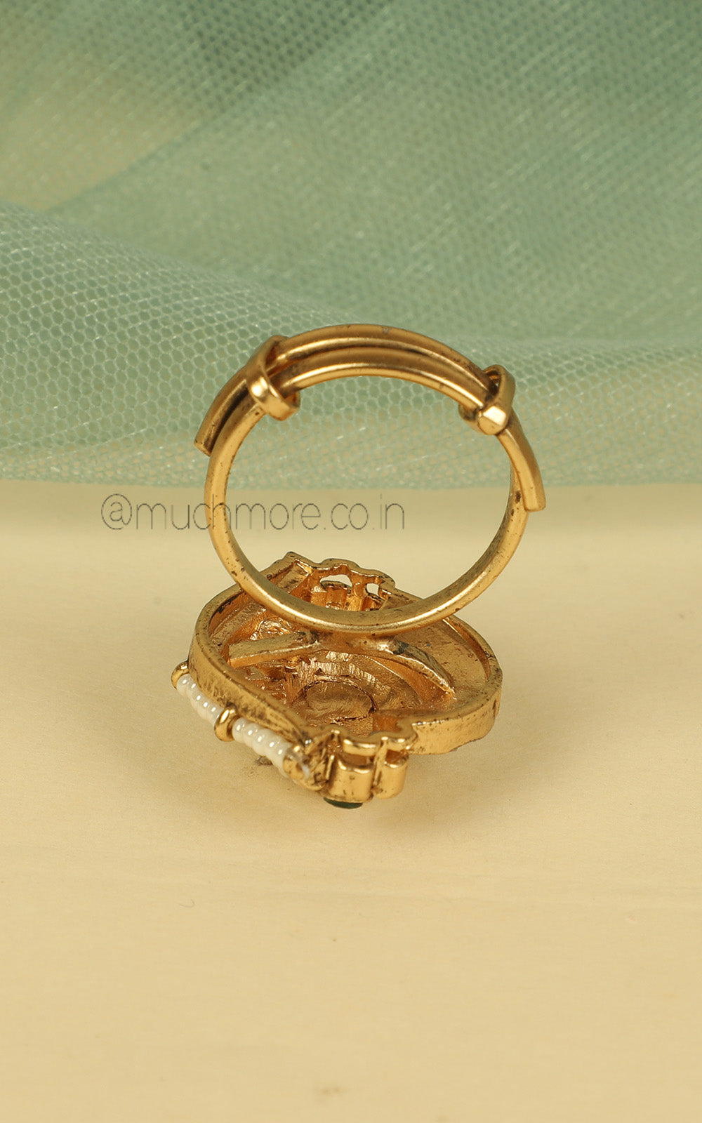Gold Look Ruby Green With Pearl Adjustable Women Ring