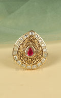 Drop Shaped Kundan And Carving Work Gold Look Ring