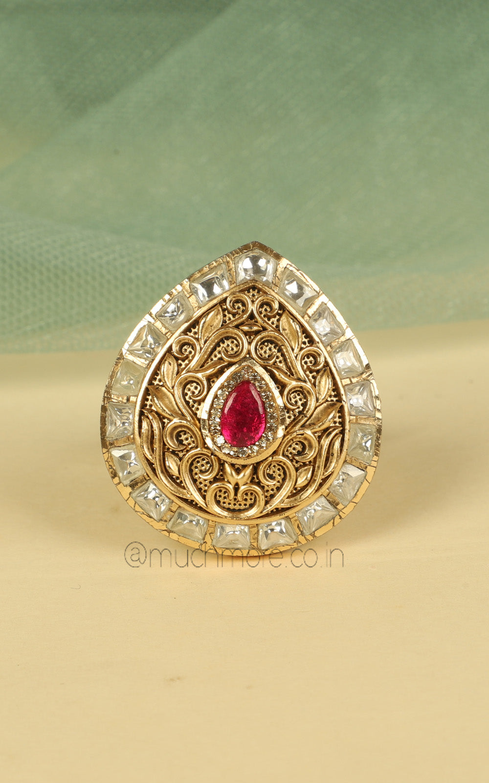 Drop Shaped Kundan And Carving Work Gold Look Ring