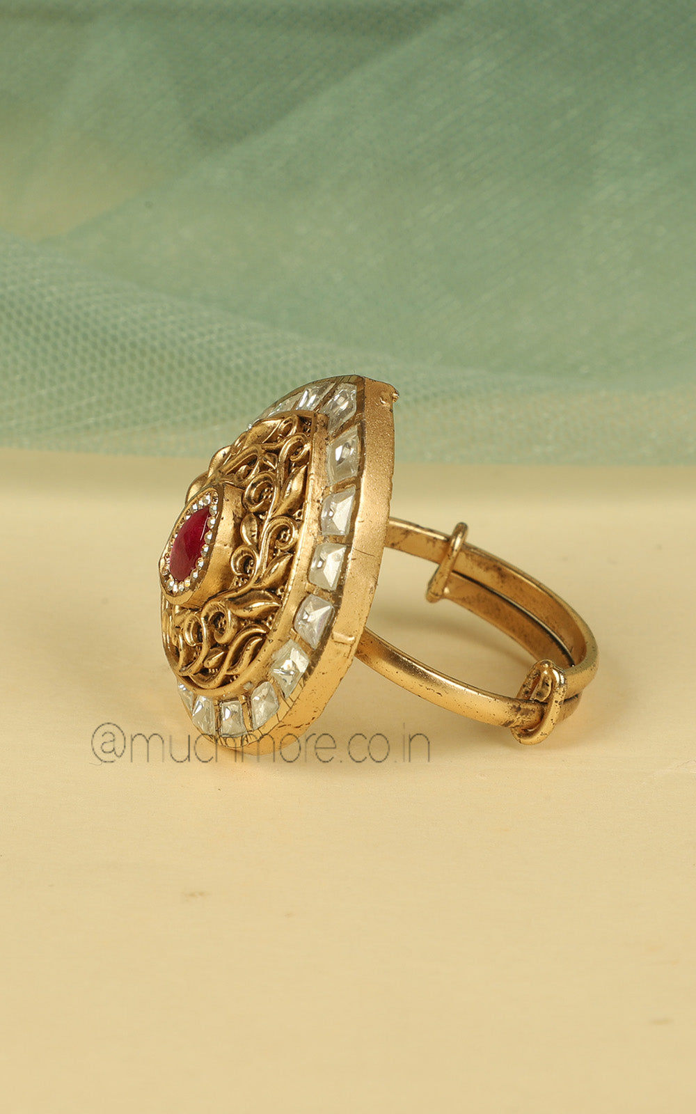 Drop Shaped Kundan And Carving Work Gold Look Ring