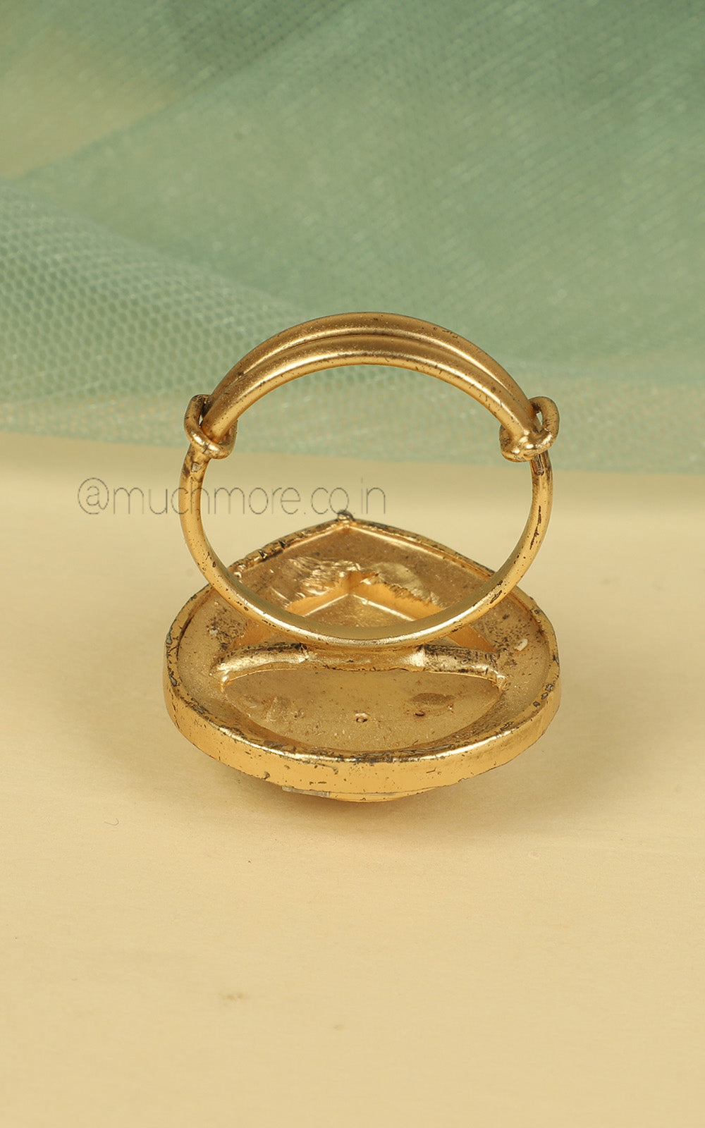 Drop Shaped Kundan And Carving Work Gold Look Ring