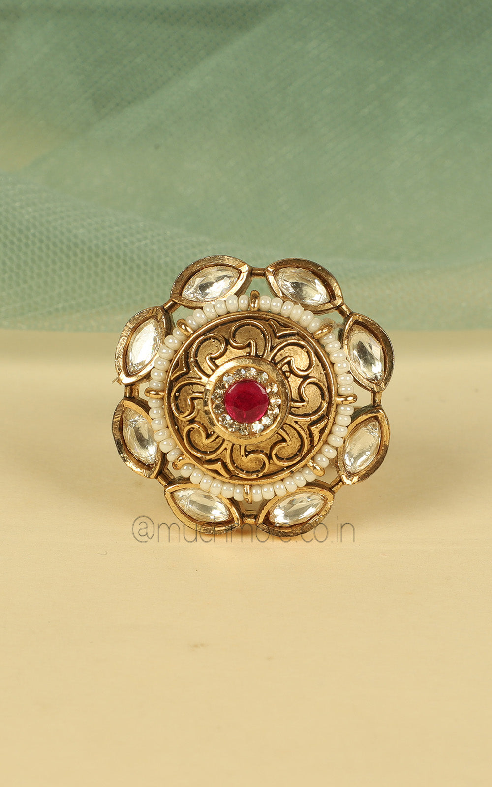 Round Shaped Kundan And Pearl Work Ring Buy Online