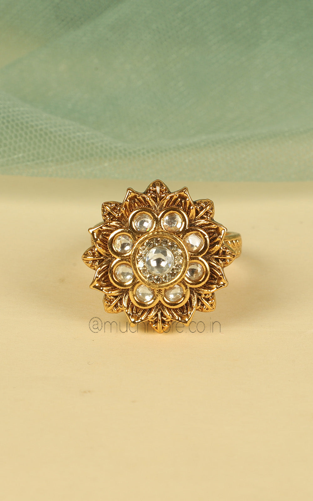 White Kundan Work Traditional Gold Look Small Size Ring