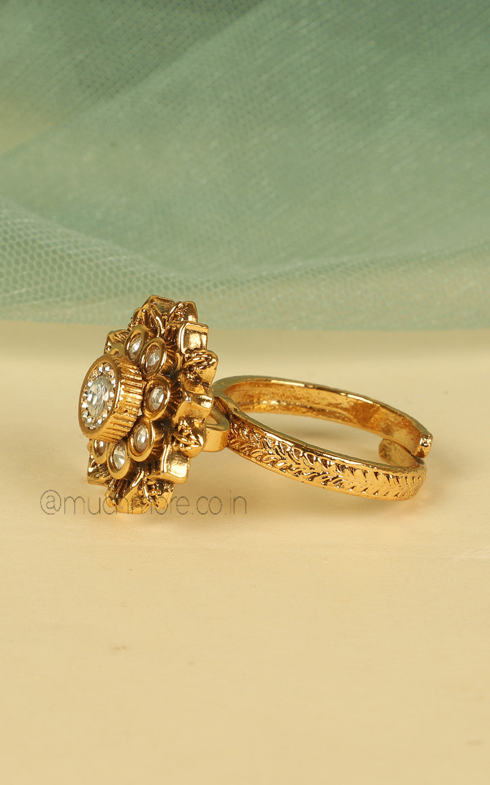 White Kundan Work Traditional Gold Look Small Size Ring