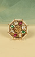 Octagon Shaped Ruby Green Gold Look Traditional Pearl Ring