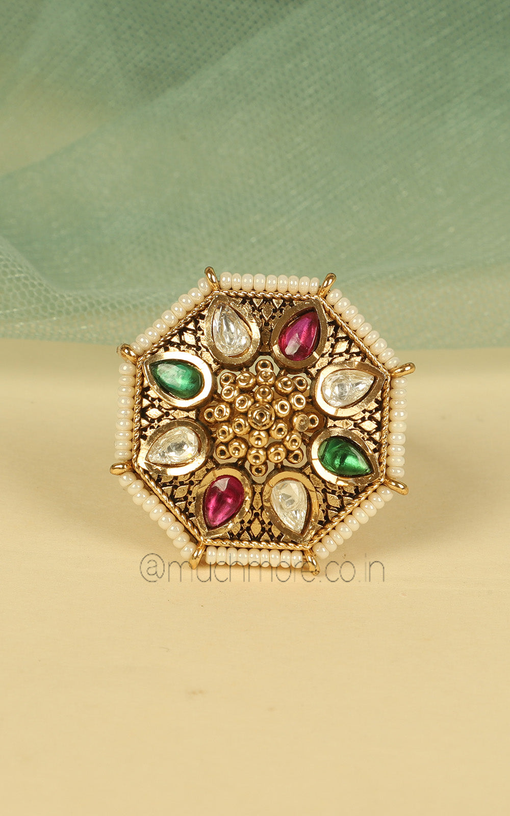 Octagon Shaped Ruby Green Gold Look Traditional Pearl Ring