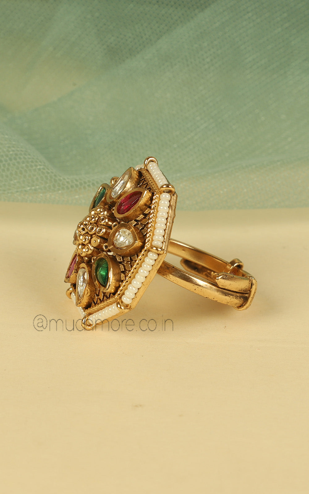Octagon Shaped Ruby Green Gold Look Traditional Pearl Ring
