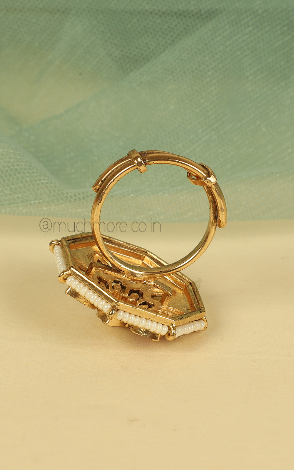 Octagon Shaped Ruby Green Gold Look Traditional Pearl Ring