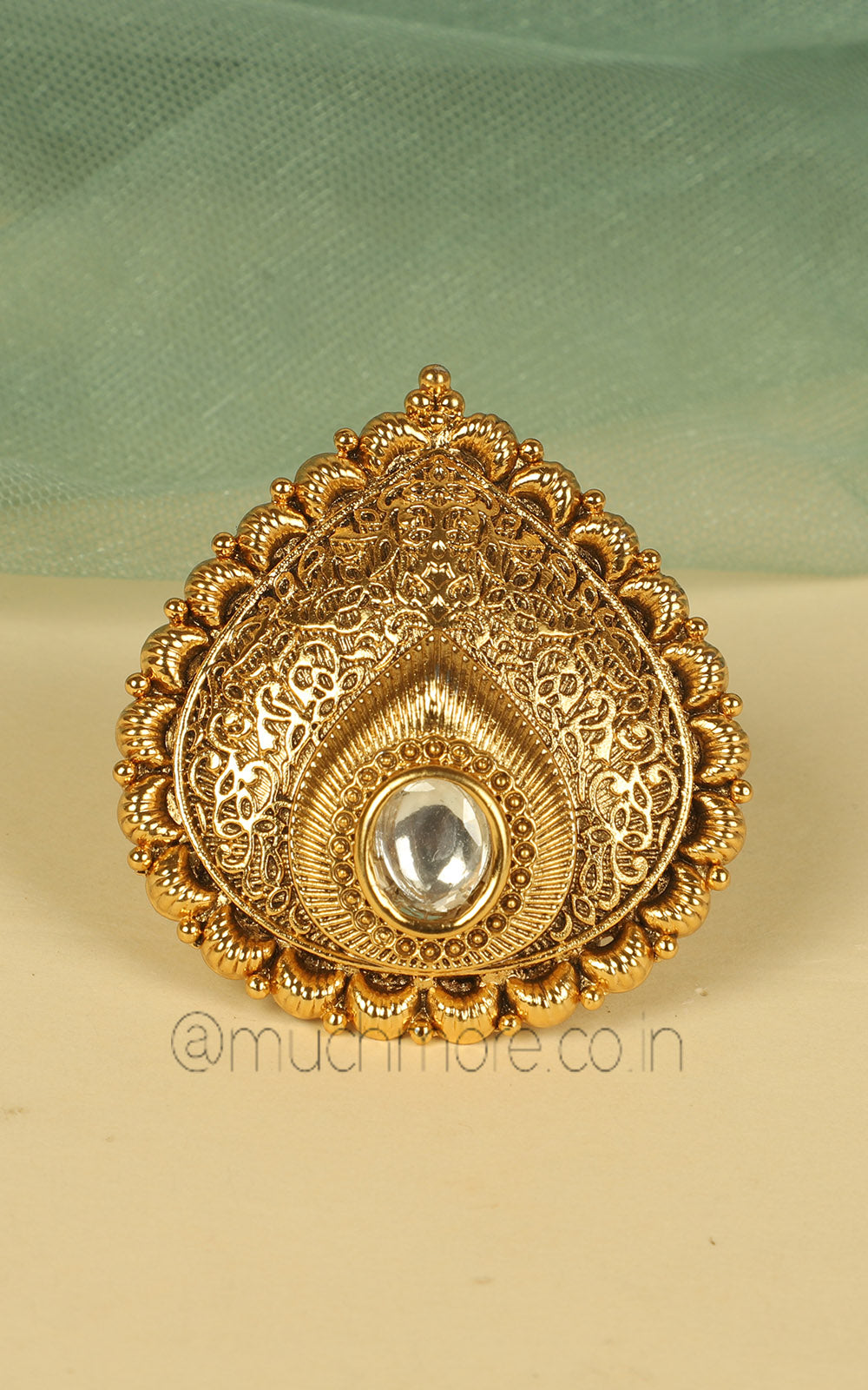 Oval Sized Drop Shaped Carving Work Gold Look Ring