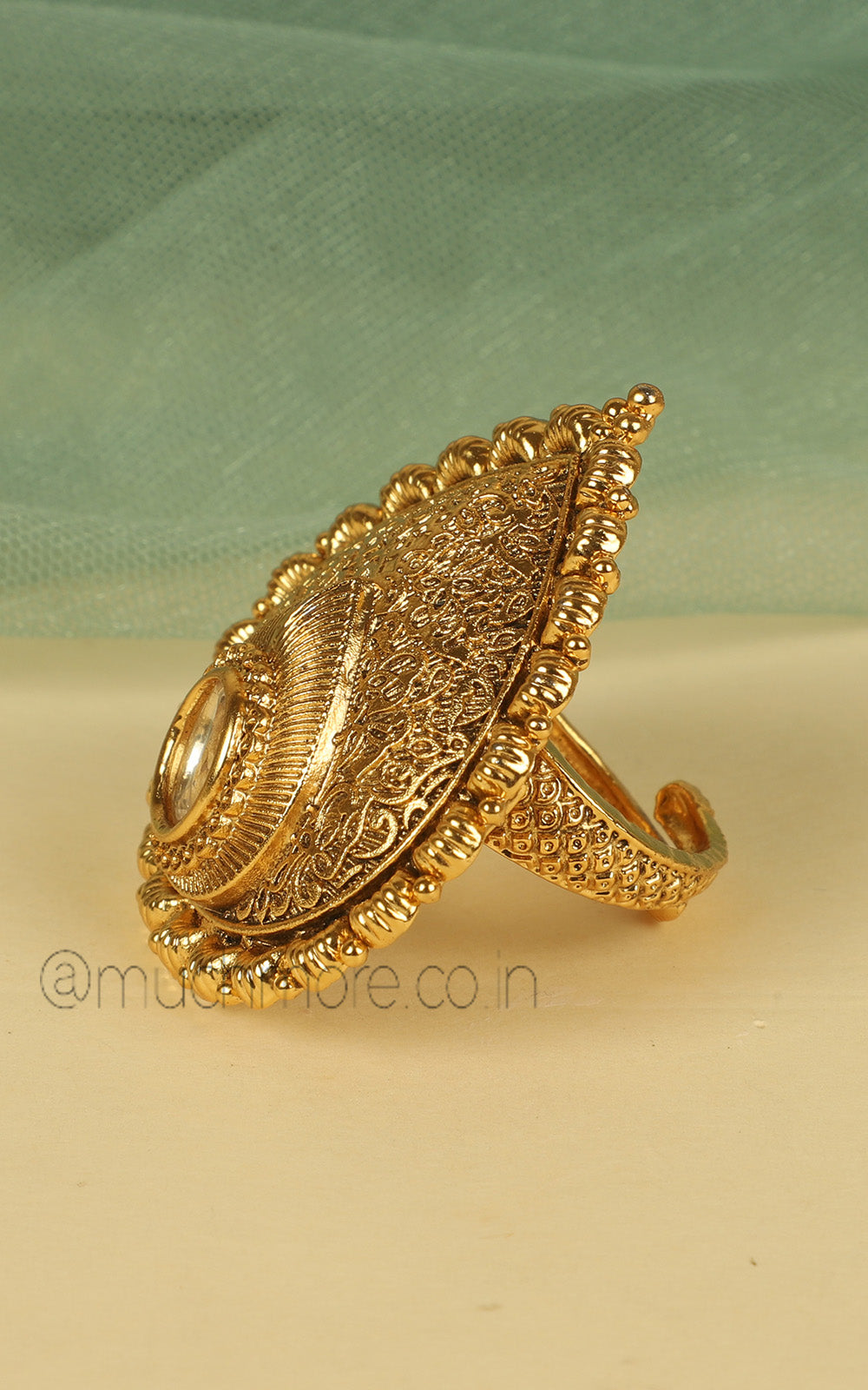 Oval Sized Drop Shaped Carving Work Gold Look Ring