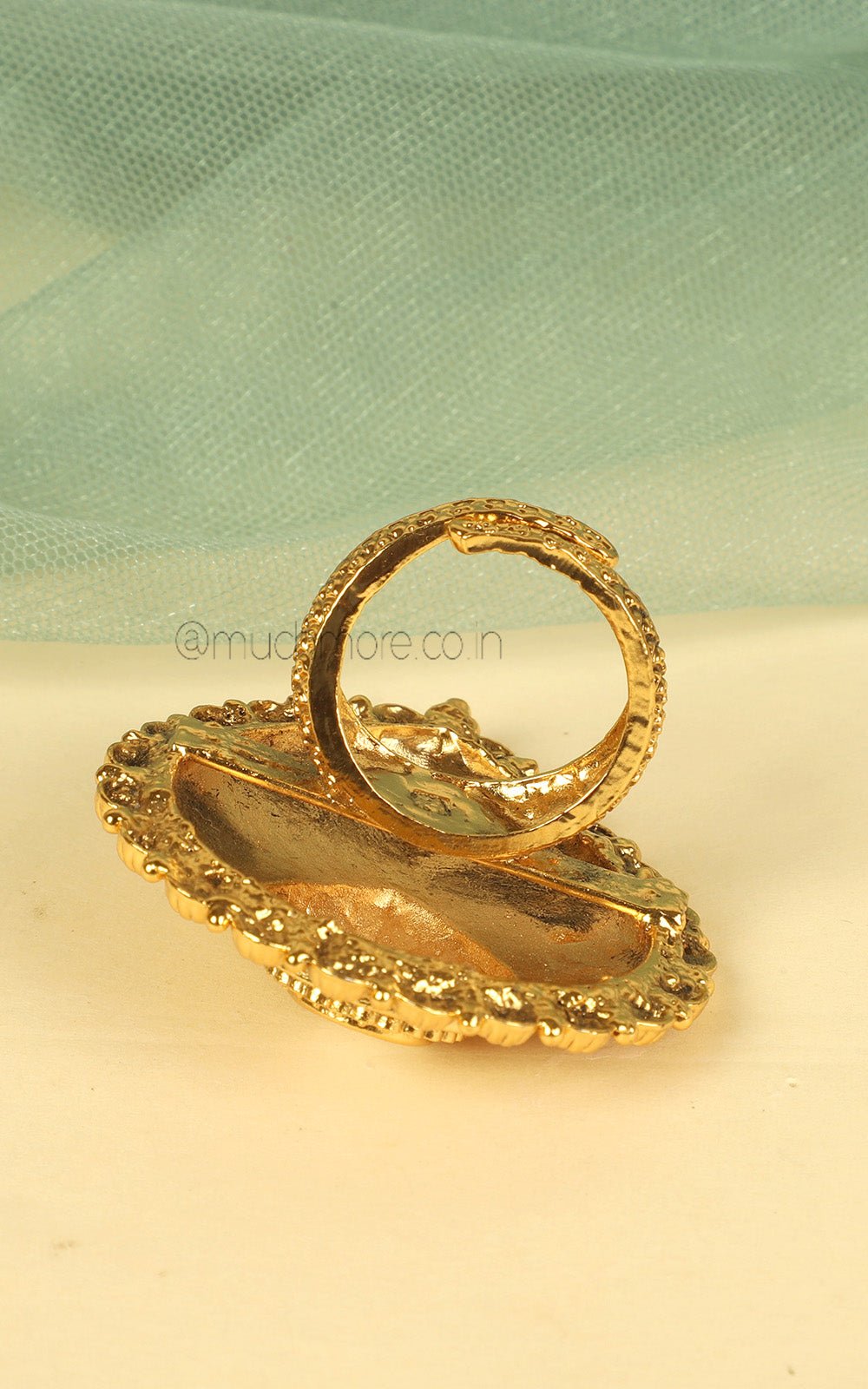 Oval Sized Drop Shaped Carving Work Gold Look Ring