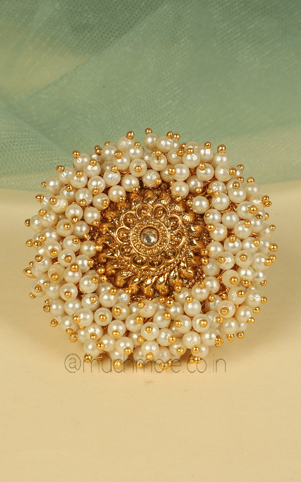 Buy Gold Look Pearl Round Shaped Women Ring For Ethnic Look