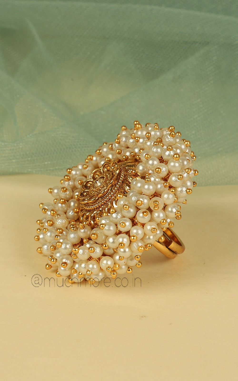 Buy Gold Look Pearl Round Shaped Women Ring For Ethnic Look