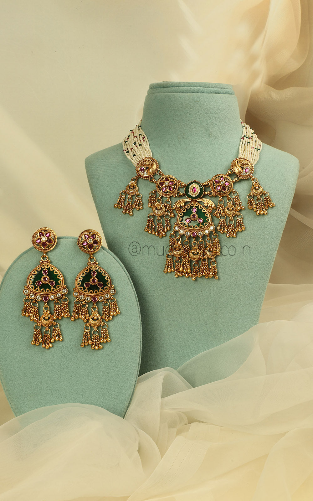 Heavy Gold Look Ruby Green Necklace Set Bridal Jewellery Online India