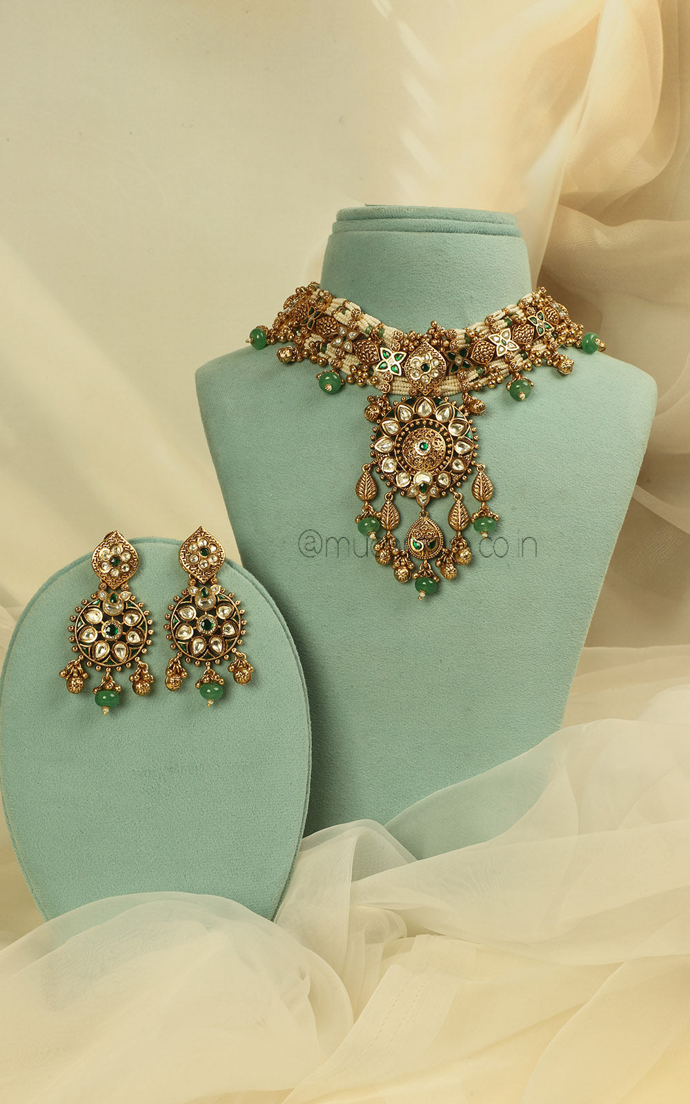 Emerald Green Beaded Gold Look Choker Necklace Earrings Set