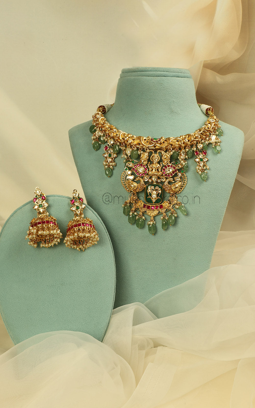 Temple Work Ruby Green Hasali Style Necklace Jhumki Set