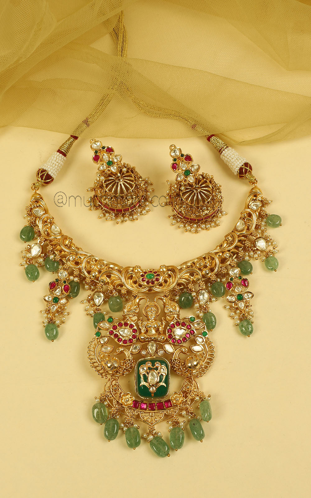 Temple Work Ruby Green Hasali Style Necklace Jhumki Set
