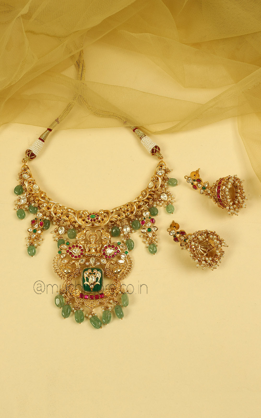 Temple Work Ruby Green Hasali Style Necklace Jhumki Set