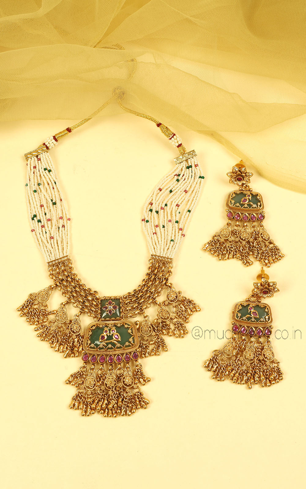 Ruby Green Gold Look Beaded Necklace Earrings Set