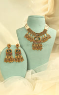 Ruby Green Gold Look Beaded Necklace Earrings Set